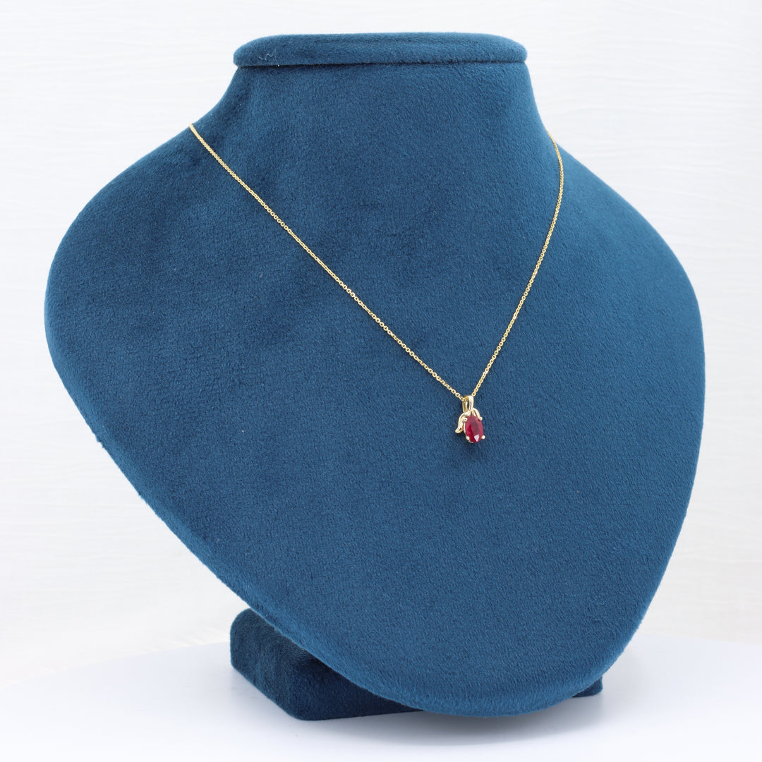 Oval Ruby Floral Pendant, 0.64ct Ruby in 14K Yellow Gold, 18 inch Chain