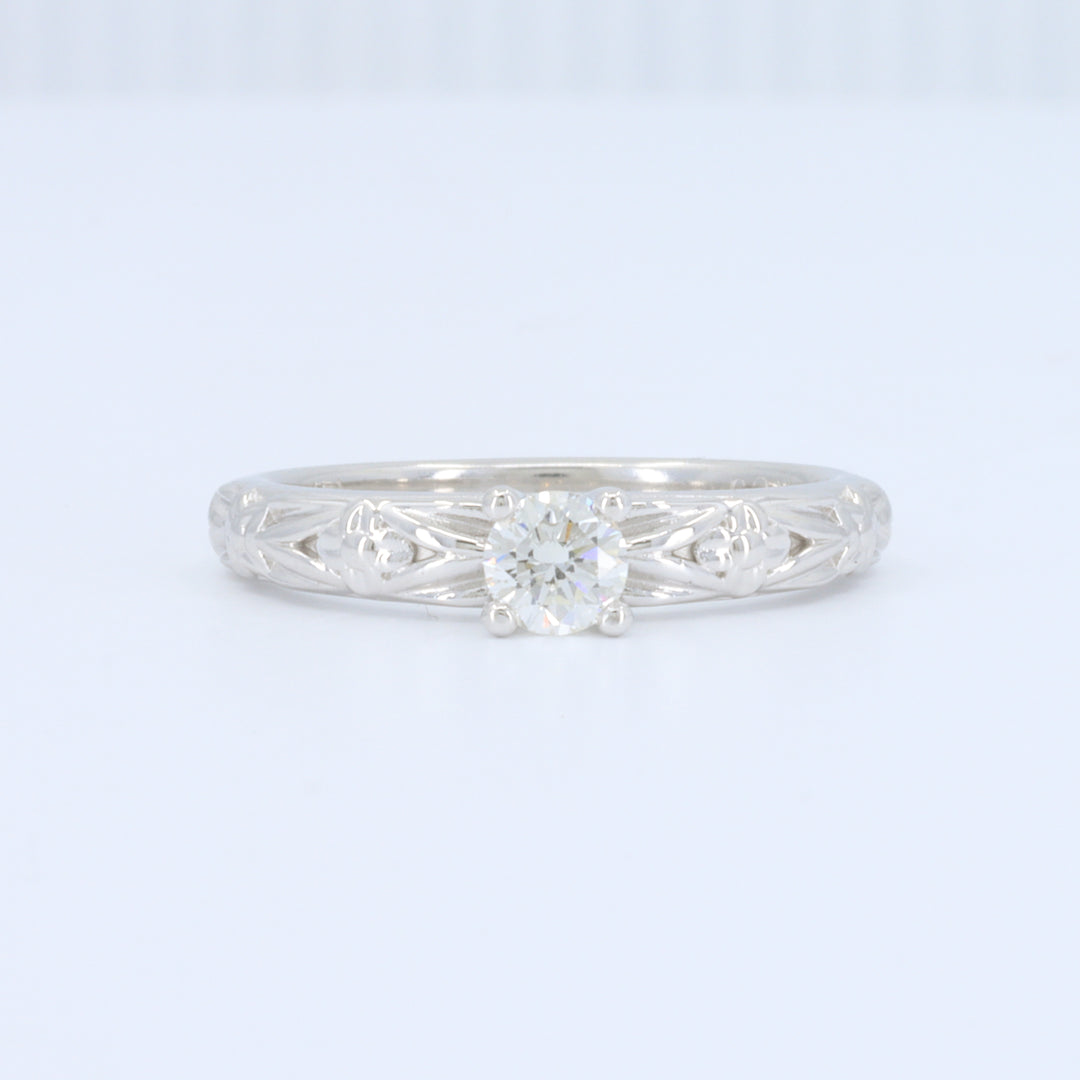 Old European Cut Diamond Ring w/ Floral Details in White Gold