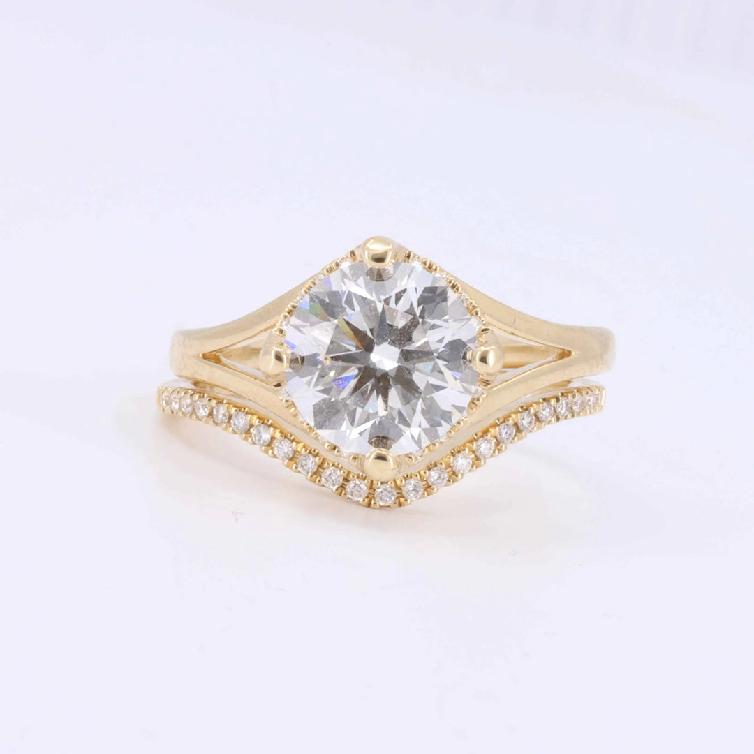 Lab-Grown Diamond Split Shank Ring, 2.08ct Lab-Grown Diamond with 0.06ct Under Halo in 14K Yellow Gold - Kizer Cummings Jewelers