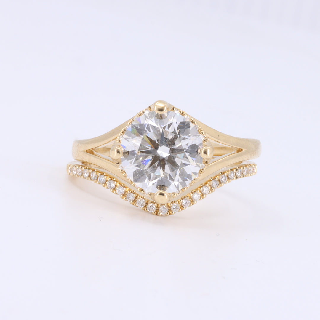 Lab-Grown Diamond Split Shank Ring, 2.08ct Lab-Grown Diamond with 0.06ct Under Halo in 14K Yellow Gold