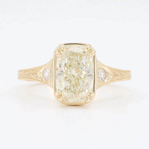 Hand Engraved Diamond Engagement Ring, 2.00ct K VS2 Elongated Cushion Cut with 0.07cttw Round Trim in 14K Yellow Gold - Kizer Cummings Jewelers