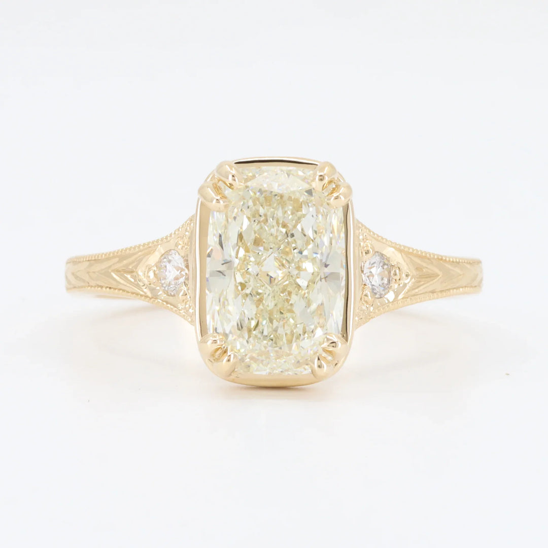 Hand Engraved Diamond Engagement Ring, 2.00ct K VS2 Elongated Cushion Cut with 0.07cttw Round Trim in 14K Yellow Gold - Kizer Cummings Jewelers