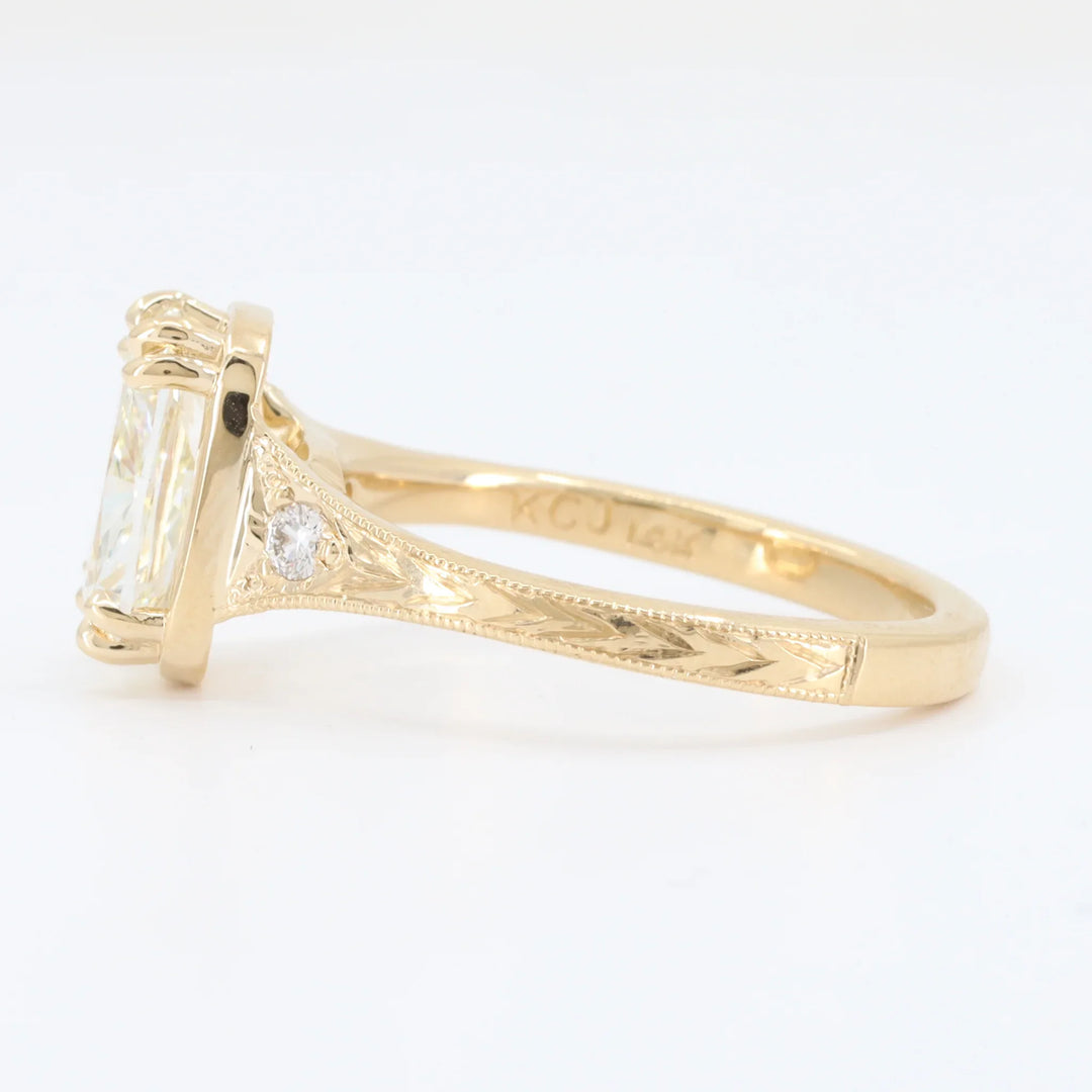 Hand Engraved Diamond Engagement Ring, 2.00ct K VS2 Elongated Cushion Cut with 0.07cttw Round Trim in 14K Yellow Gold - Kizer Cummings Jewelers