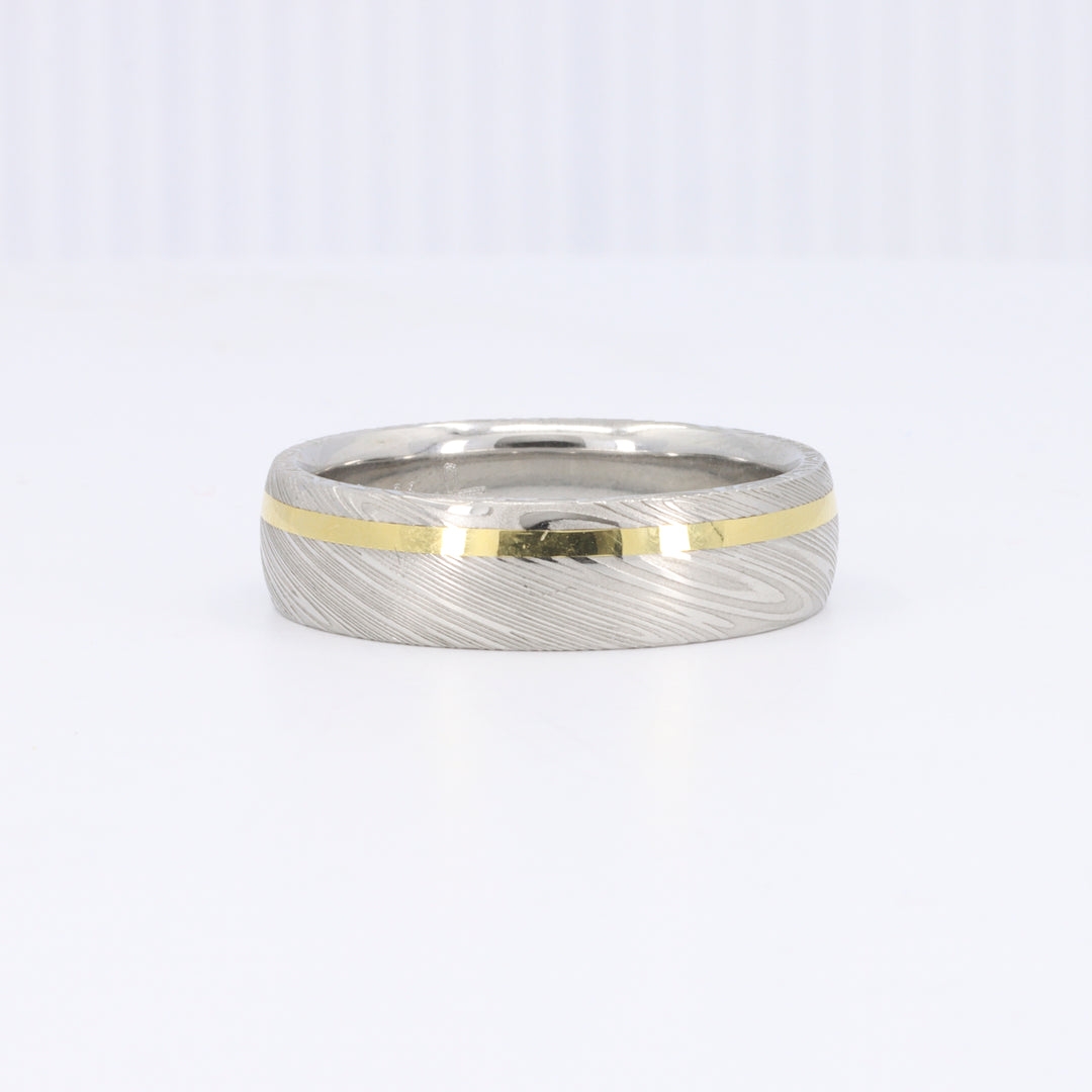 Wood Pattern Damascus Steel Band with 18KY Offset Inlay