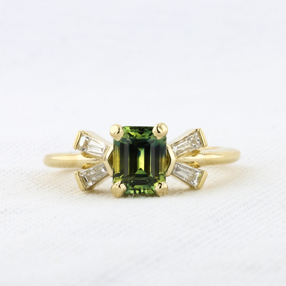 Parti-Color Sapphire Ring with Baguette Diamond Trim