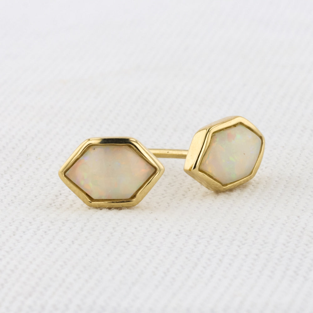 White Australian Opal Stud Earrings in Yellow Gold