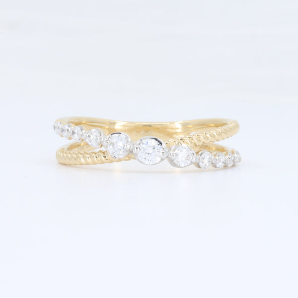 Lab-Grown Criss Cross Diamond Band in Yellow Gold, set of two women's diamond rings.