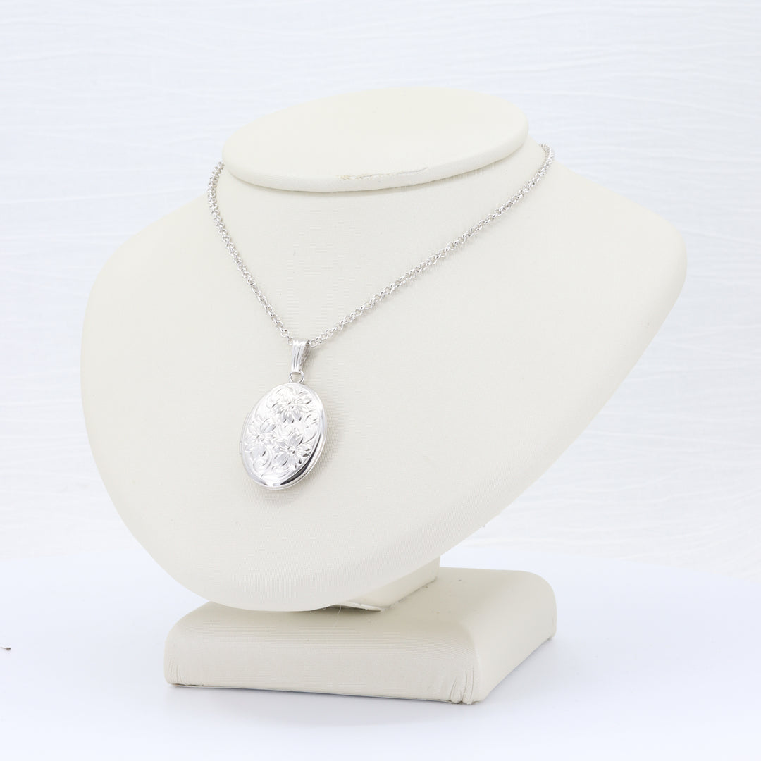 Floral Embossed Oval Locket in Sterling Silver, 18 inch Chain