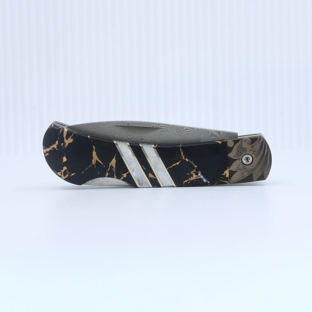 3" Lockback Knife- Black Buffalo Turquoise and Bronze w/Laser engraving w/ Damascus Steel Blade