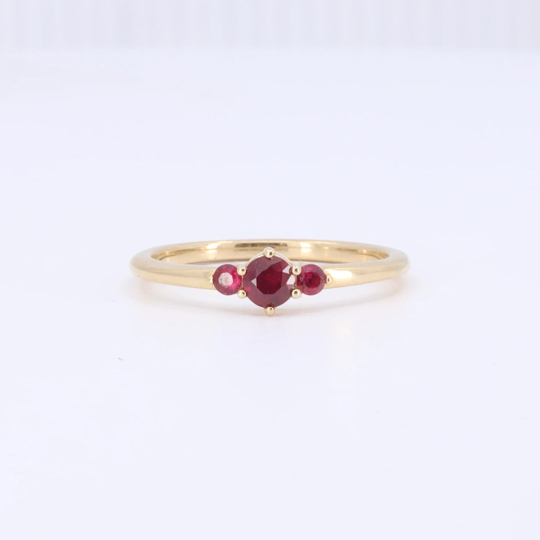 Ruby Three Stone Ring, 0.33cttw Rubies in 14K Yellow Gold - Kizer Cummings Jewelers