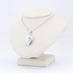 Load image into Gallery viewer, Silver pendant necklace with a polished finish and sparkling gemstone on a delicate chain, displayed on a jewelry stand.