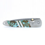 Load image into Gallery viewer, Damascus Steel Blade Liner Lock Pocket Clip Knife w/ Polychrome Turquoise and Mother of Pearl inlay  -4" Closed - Kizer Cummings Jewelers