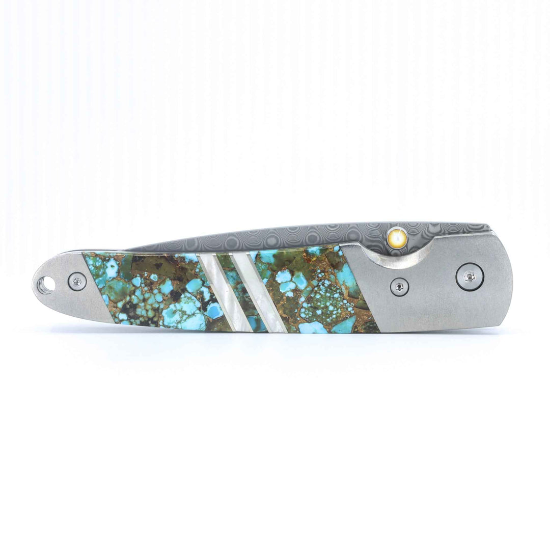Damascus Steel Blade Liner Lock Pocket Clip Knife w/ Polychrome Turquoise and Mother of Pearl inlay  -4" Closed - Kizer Cummings Jewelers