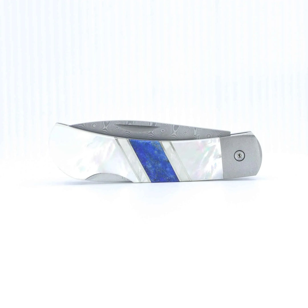 Damascus Steel Blade Lock back Knife w/Mother of Pearl and Lapis inlays -3" Closed - Kizer Cummings Jewelers