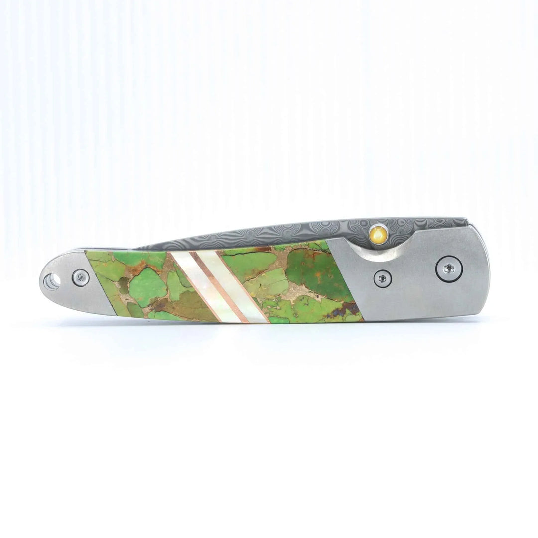 Damascus Steel Blade Linerlock Pocket Clip Knife w/Green Turquoise, Bronze and Mother of Pearl Inlay -4" Closed - Kizer Cummings Jewelers
