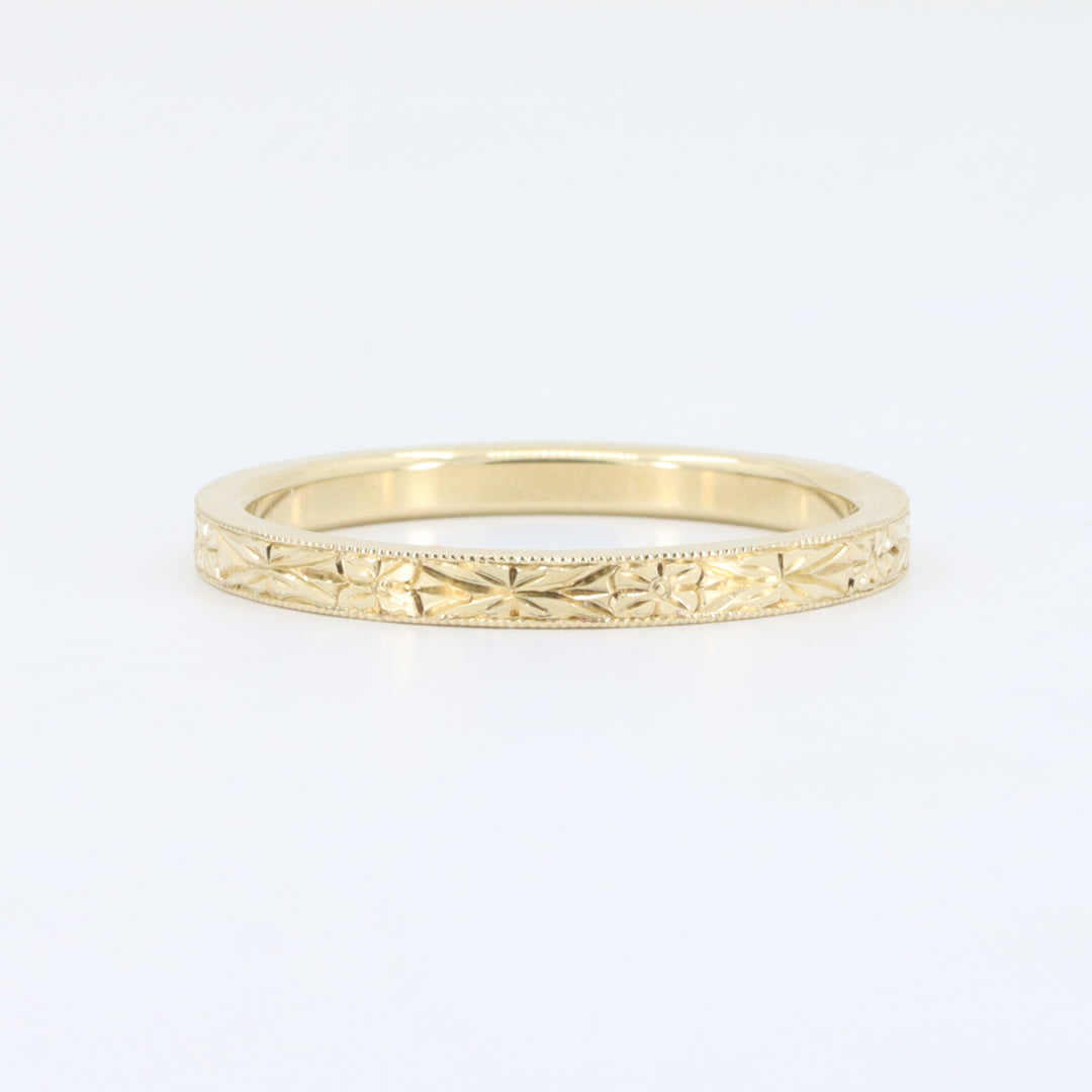 Hand Engraved Floral Wedding Band, 2mm in 14K Yellow Gold