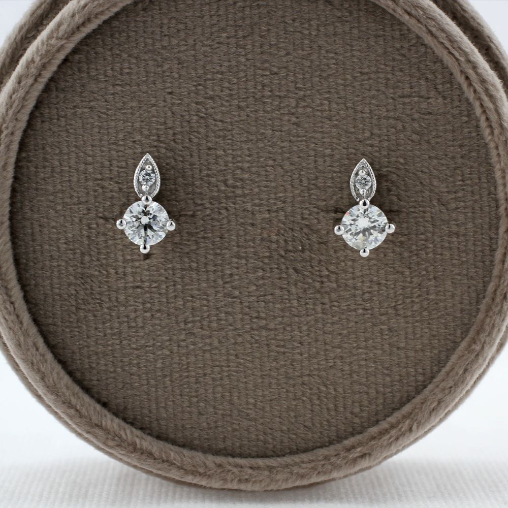 Diamond Stud Earrings with Leaf Accent