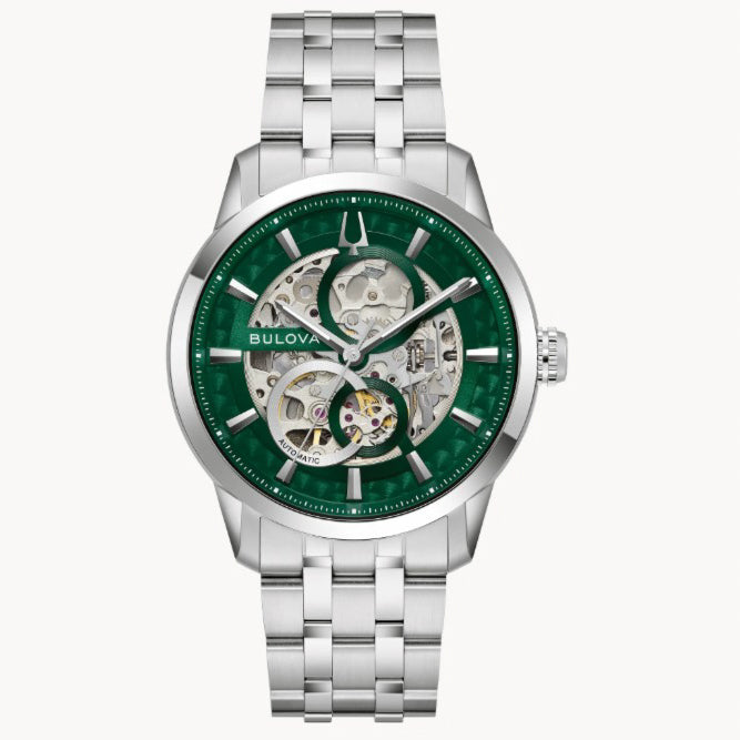 Bulova Sutton- Emerald Green Round Mechanical Face w/White Metal Features and Band