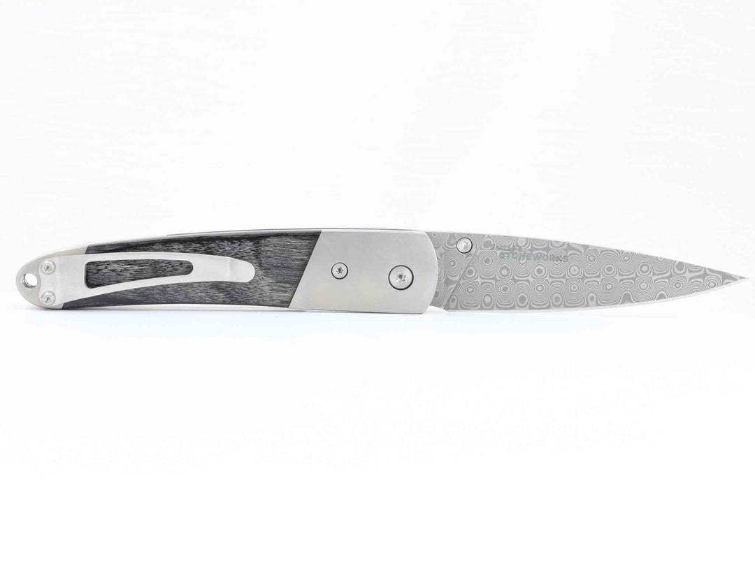 Damascus Steel Blade Liner Lock Pocket Clip Knife w/Mammoth Tusk and Jet Inlay -4" Closed - Kizer Cummings Jewelers