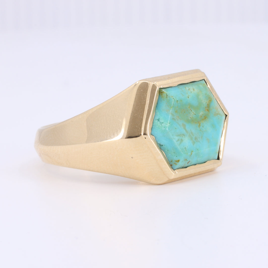 Hexagon Turquoise Signet Ring in Yellow Gold