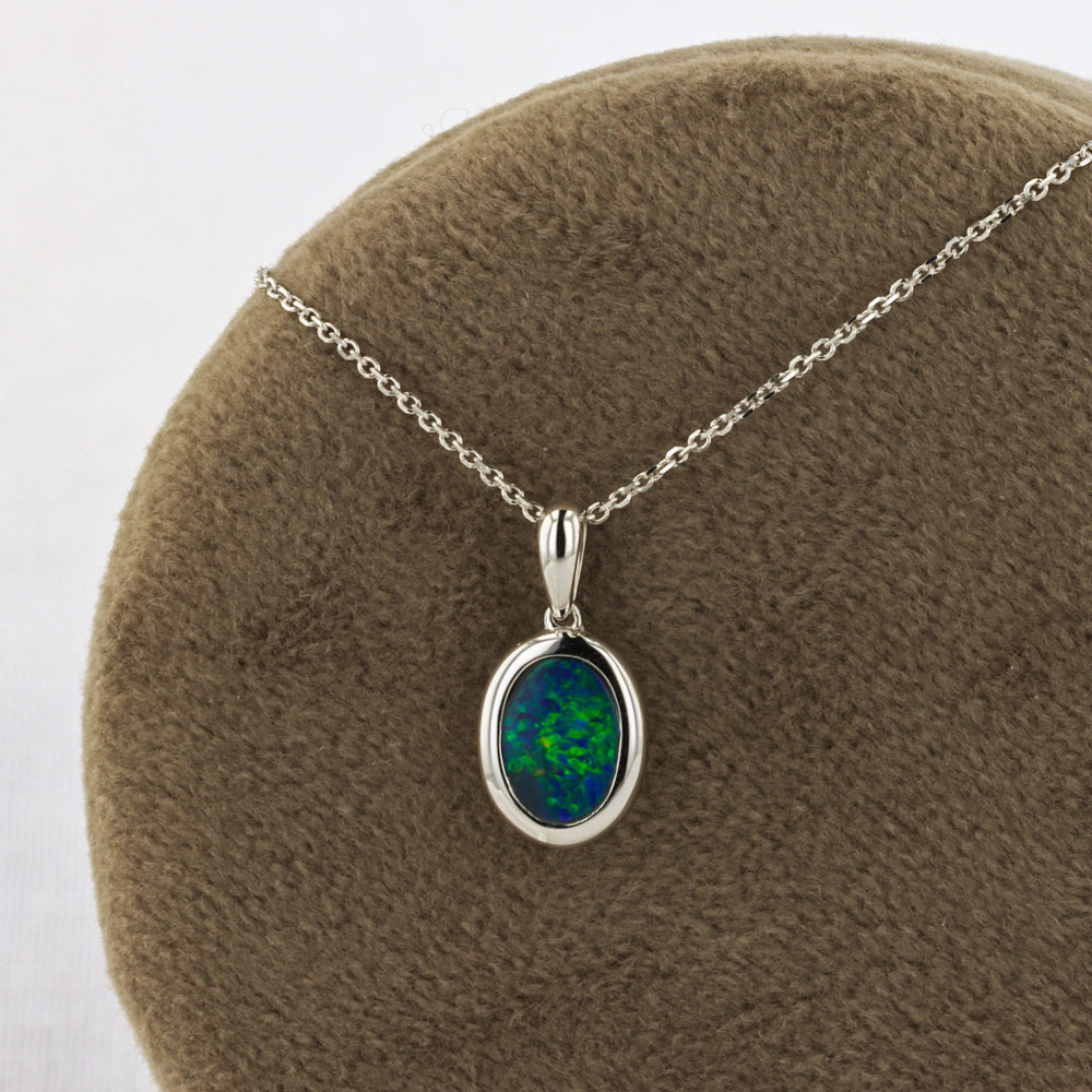 Around the World Oval Australian Opal Doublet Necklace in White Gold