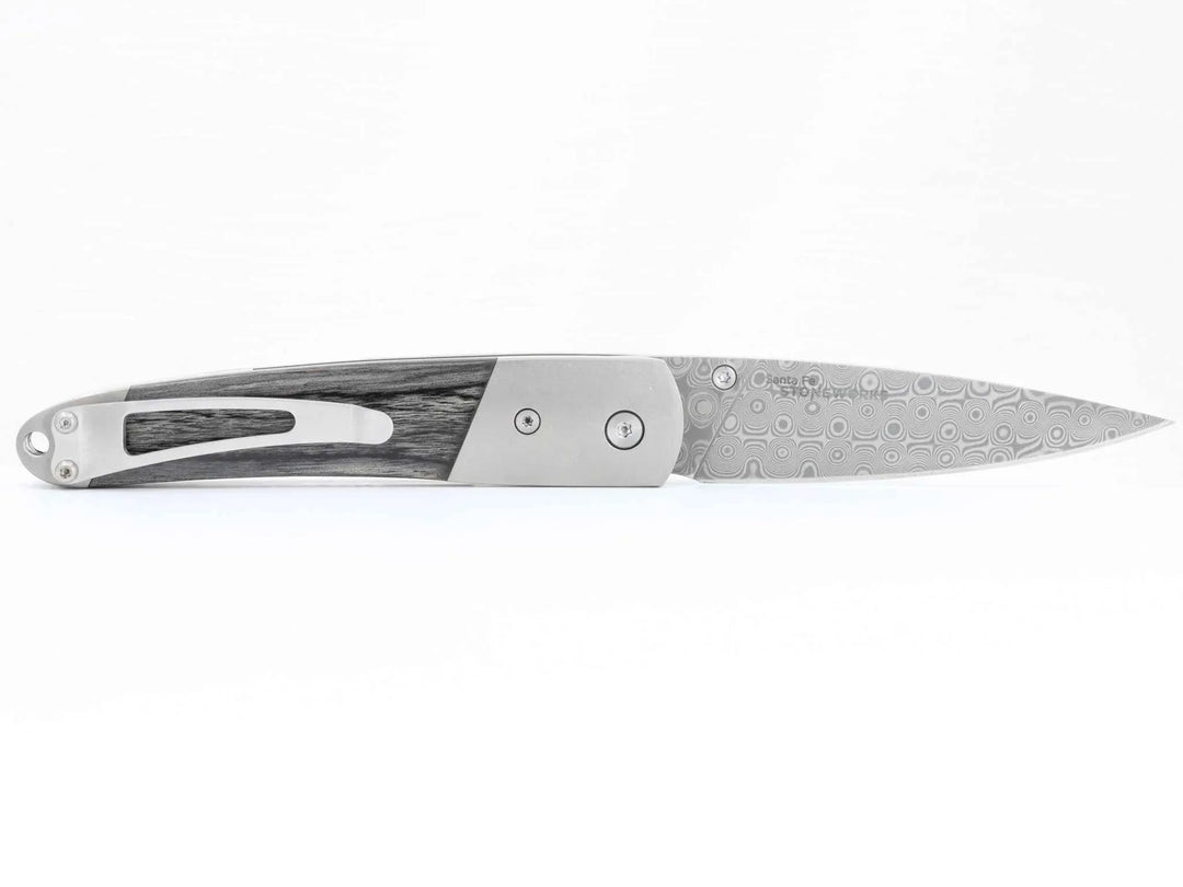 Damascus Steel Liner Lock Pocket Clip Knife w/Blue Fossilized Mammoth Tooth, Mother of Pearl and Jett Inlays -4" Closed - Kizer Cummings Jewelers