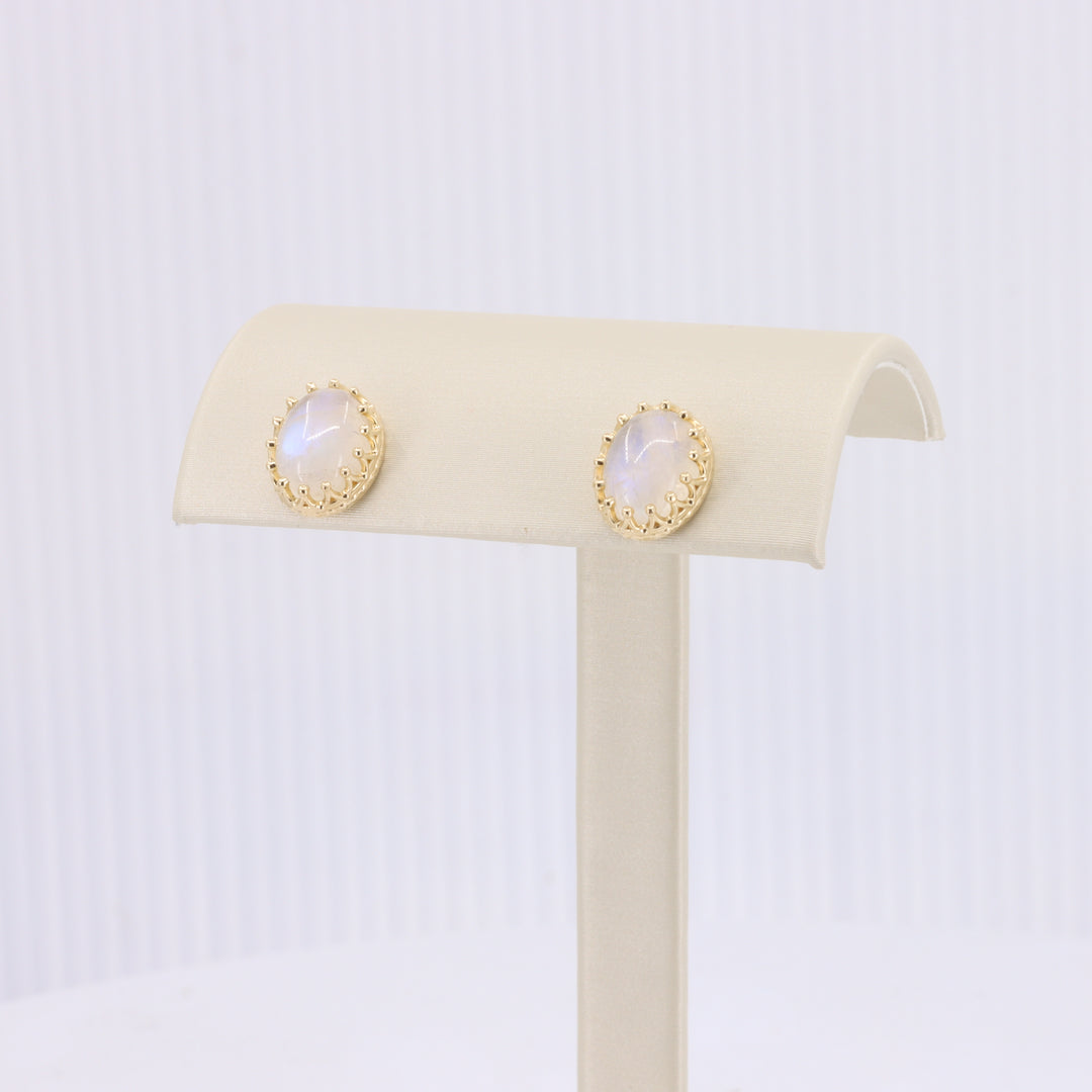 Moonstone Cabochon Stud Earrings Royally Set in Yellow Gold