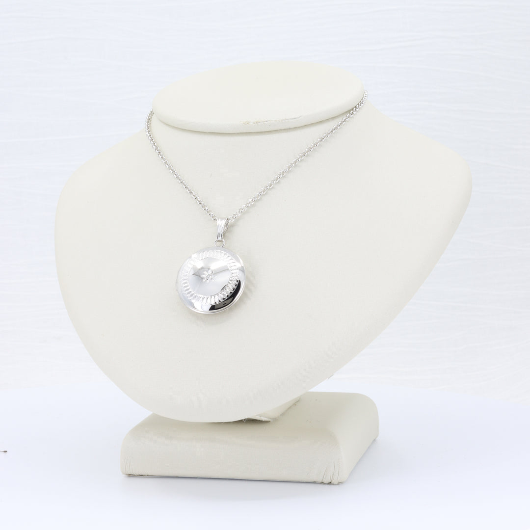 Engraved Round Locket w/Diamond Accent in Sterling Silver