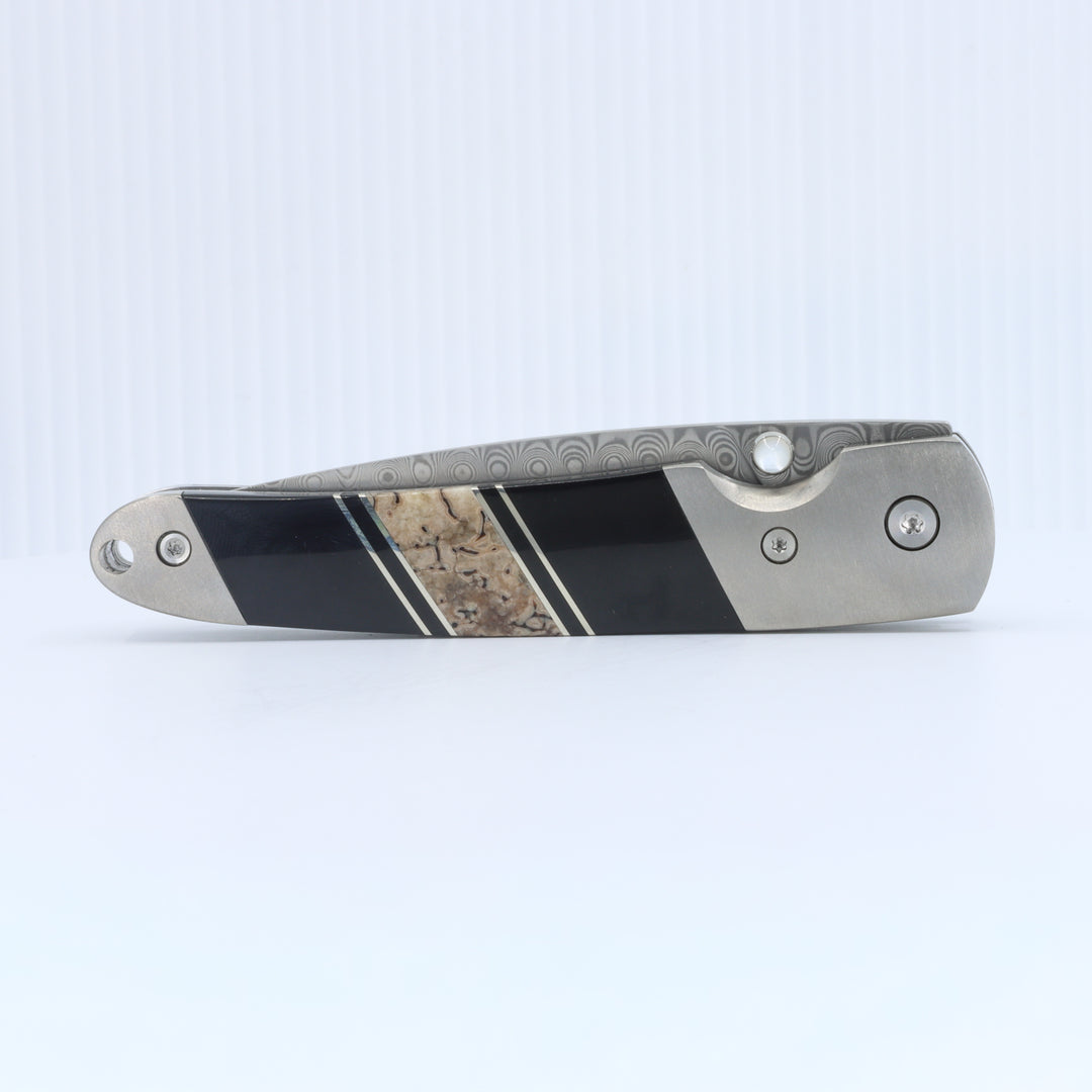 4" Linerlock Knife- Dinosaur Bone and Jet  inlay w/ Damascus Steel Blade