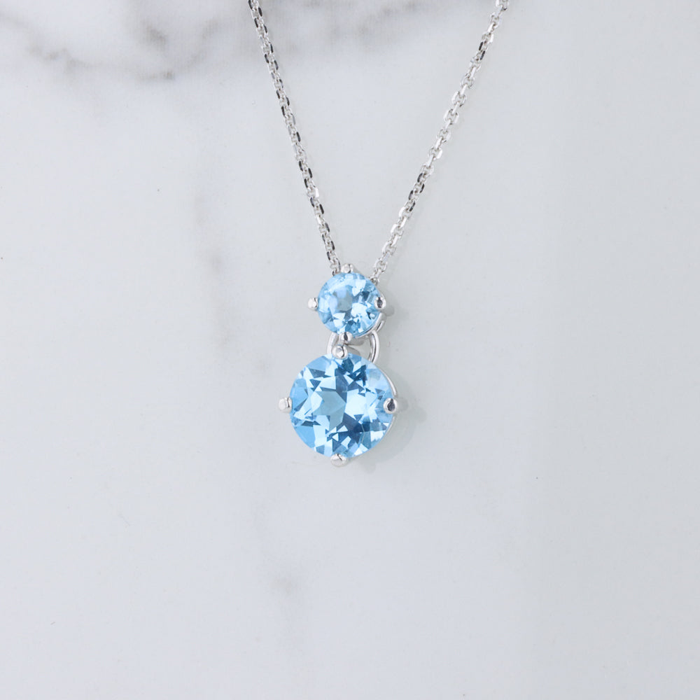 Two Stone Blue Topaz Drop Pendant in White Gold