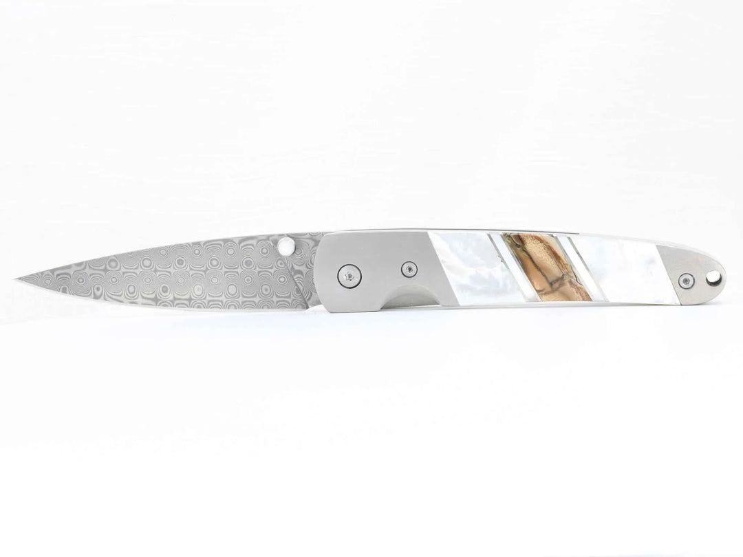Damascus Steel Blade Liner Lock Pocket Clip Knife w/ Mother of Pearl and Mammoth Tusk Inlay -4" Closed - Kizer Cummings Jewelers