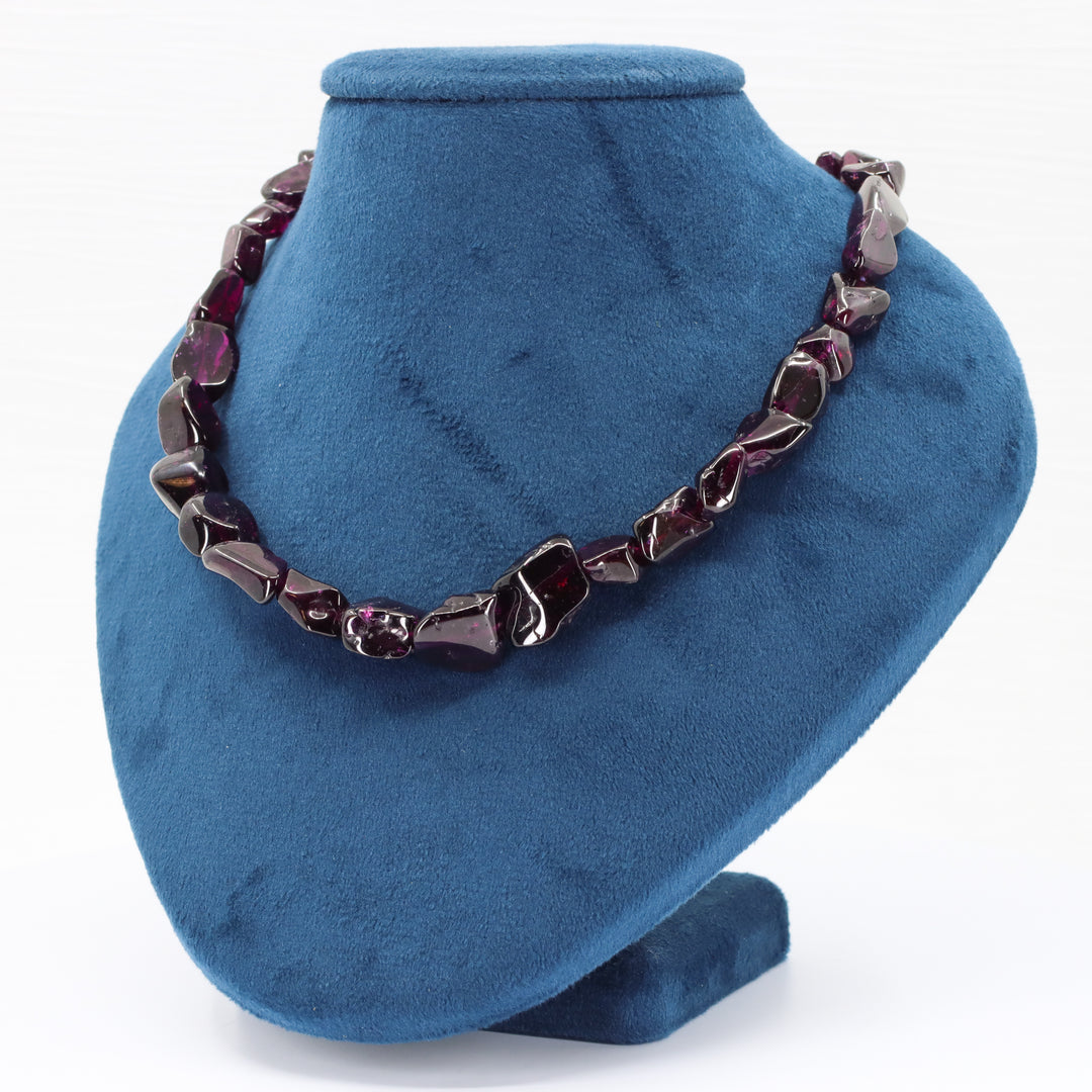 Grape Garnet Baroque Bead Strand Necklace, Polished Rough Drilled Beads with Sterling Silver Clasp, 16–18"