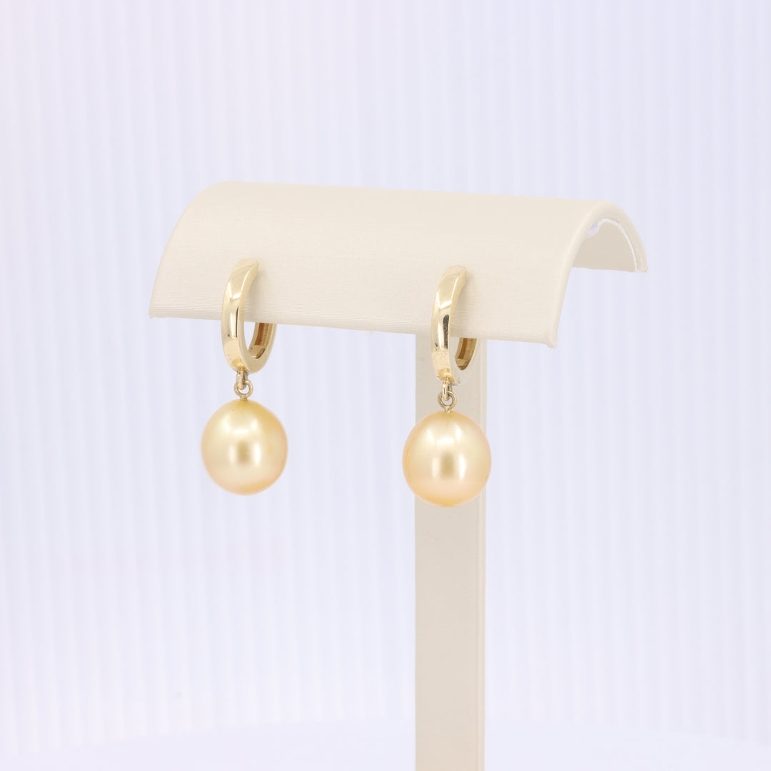 Golden South Sea Pearl Drop Huggie Earrings in Yellow Gold
