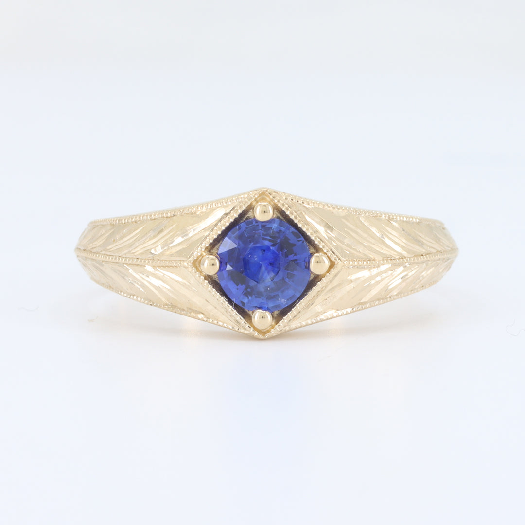 Sapphire Hand Engraved Ring, 0.49ct in 14K Yellow Gold