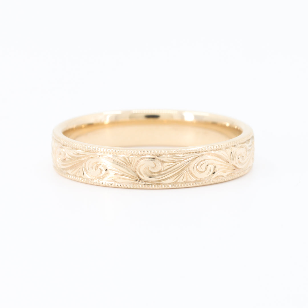 Hand Engraved Scroll Wedding Band, 4mm in 14K Yellow Gold