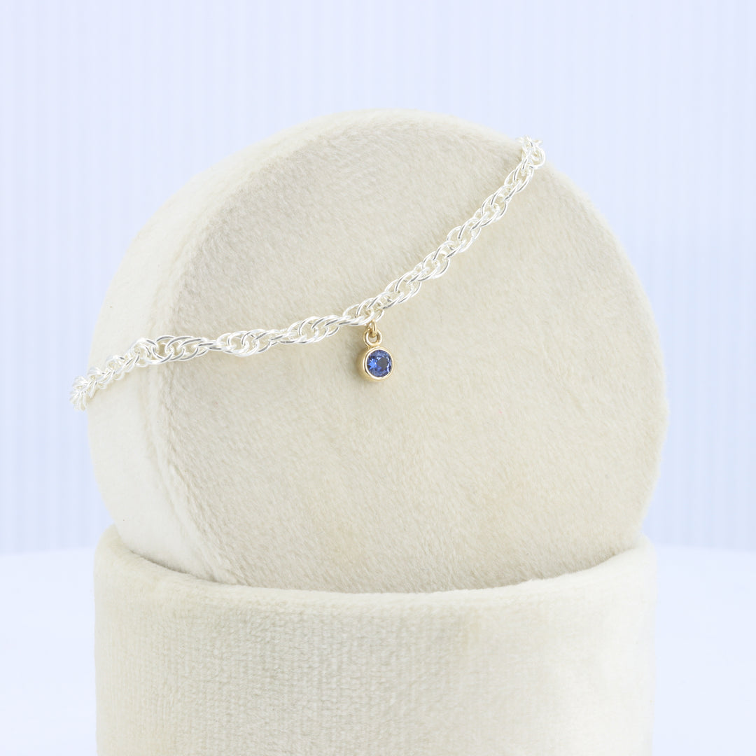 Silver Rope Chain Bracelet w/ Sapphire Charm in Yellow Gold