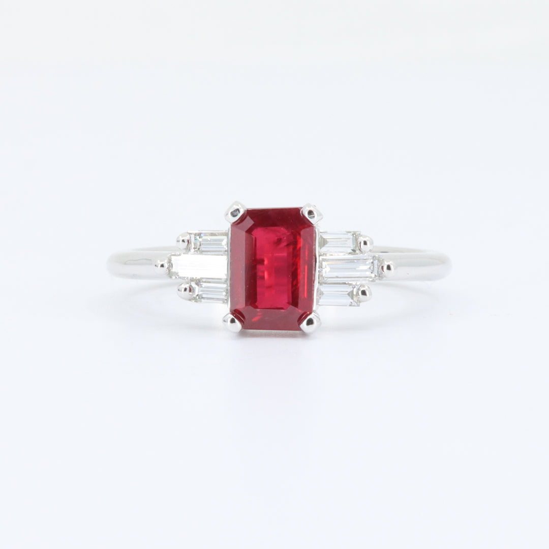 Emerald Cut Ruby Ring, 1.04ct with 0.29cttw Diamond Baguettes in 14K White Gold