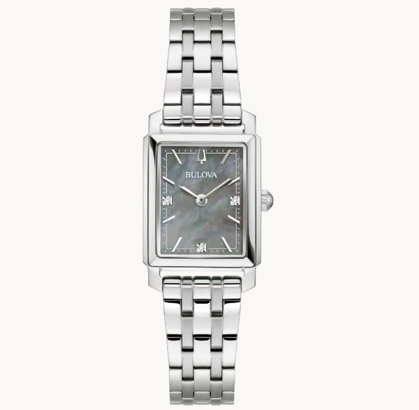 Bulova women's watch, silver stainless steel, rectangular case, mother-of-pearl dial, elegant bracelet style.