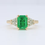 Load image into Gallery viewer, Emerald and Diamond Three Stone Ring, 1.60ct Emerald and 0.80cttw Diamonds in 14K Yellow Gold