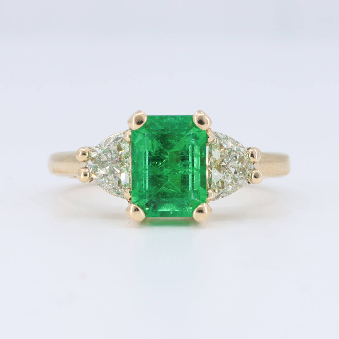 Emerald and Diamond Three Stone Ring, 1.60ct Emerald and 0.80cttw Diamonds in 14K Yellow Gold