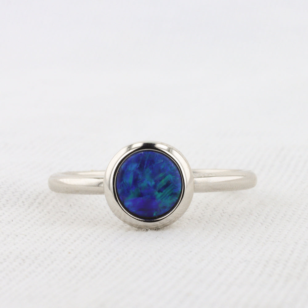 Round Opal Doublet Ring in White Gold