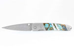 Load image into Gallery viewer, Damascus Steel Blade Liner Lock Pocket Clip Knife w/ DOUBLE SIDED Polychrome Turquoise and Mother of Pearl inlay -4" Closed - Kizer Cummings Jewelers