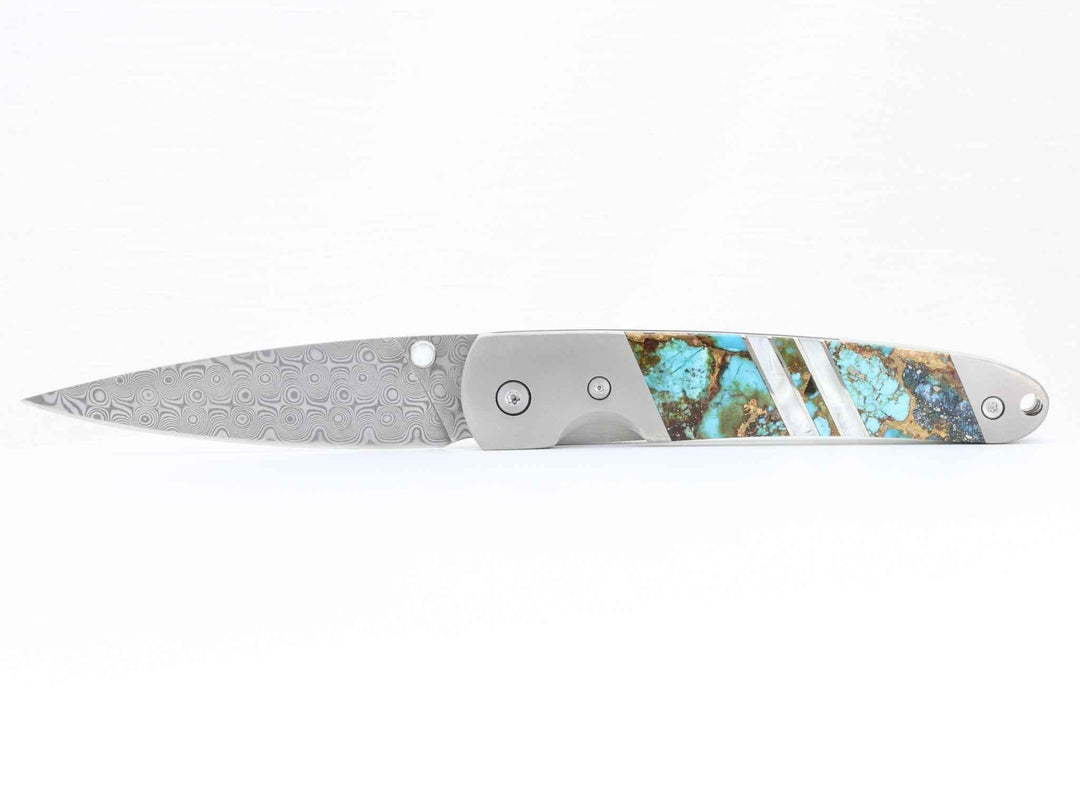 Damascus Steel Blade Liner Lock Pocket Clip Knife w/ DOUBLE SIDED Polychrome Turquoise and Mother of Pearl inlay -4" Closed - Kizer Cummings Jewelers