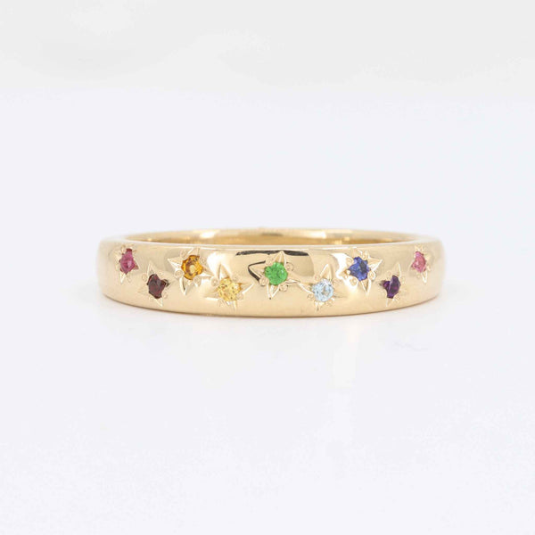 Rainbow Gemstone Ring, Multi Natural Gemstones Star-Set in 14KY Yellow Gold