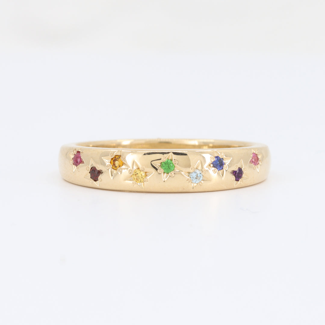 Rainbow Gemstone Ring, Multi Natural Gemstones Star-Set in 14KY Yellow Gold