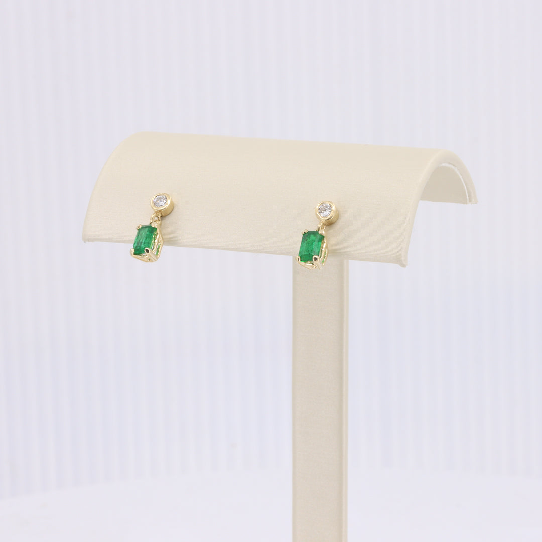 Diamond with Emerald Drops Stud Earrings in Yellow Gold