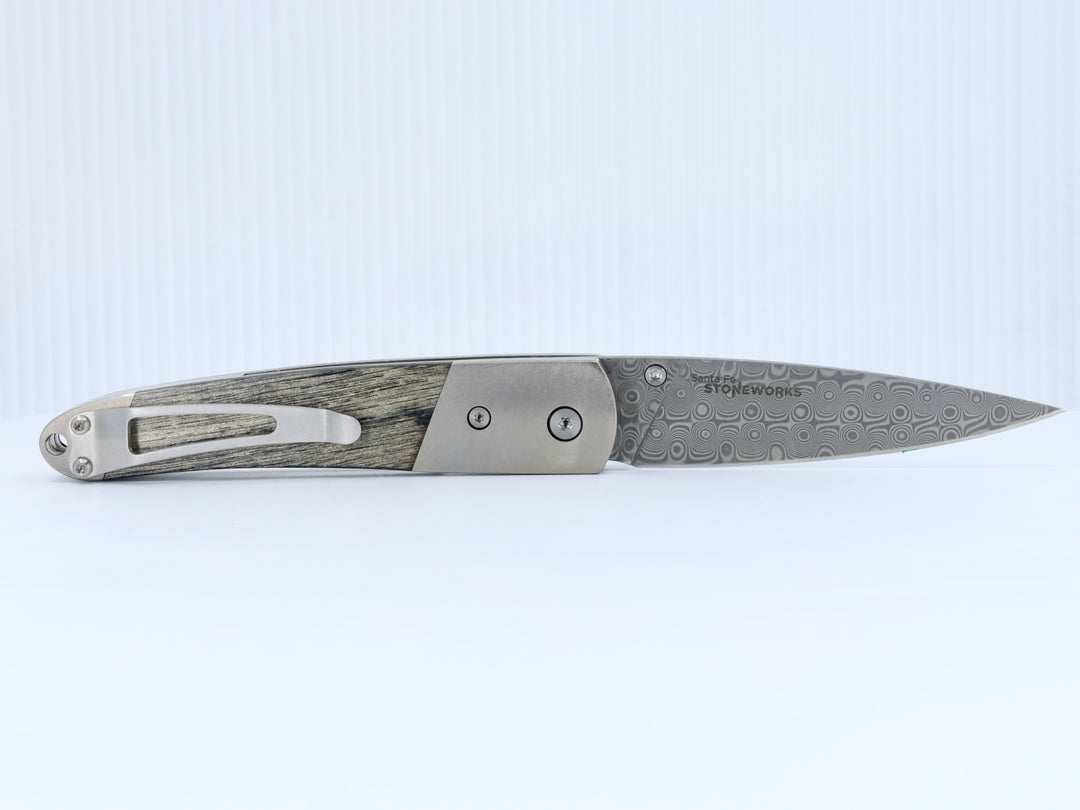 4" Linerlock Knife- Green Turquoise and Bronze w/Mother of Pearl Inlay w/ Damascus Steel Blade