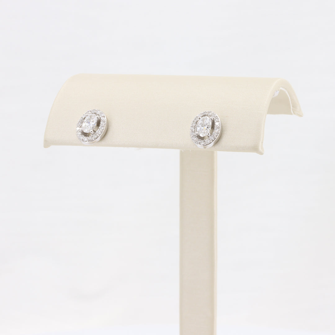 Oval Diamond Stud Earrings, 0.39cttw Center with 0.21cttw Diamond Halo in 14K White Gold