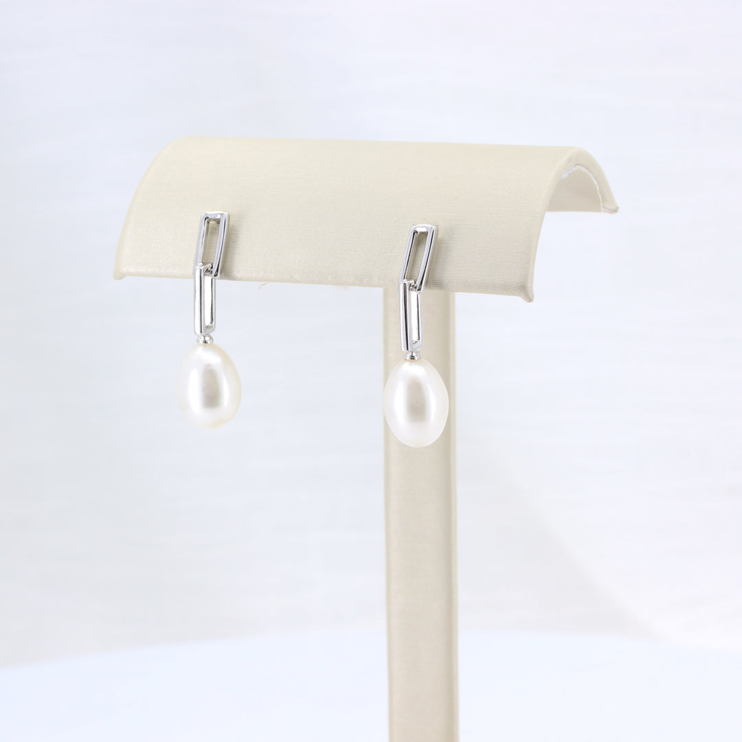 Freshwater Pearl Paperclip Drop Earrings in Sterling Silver