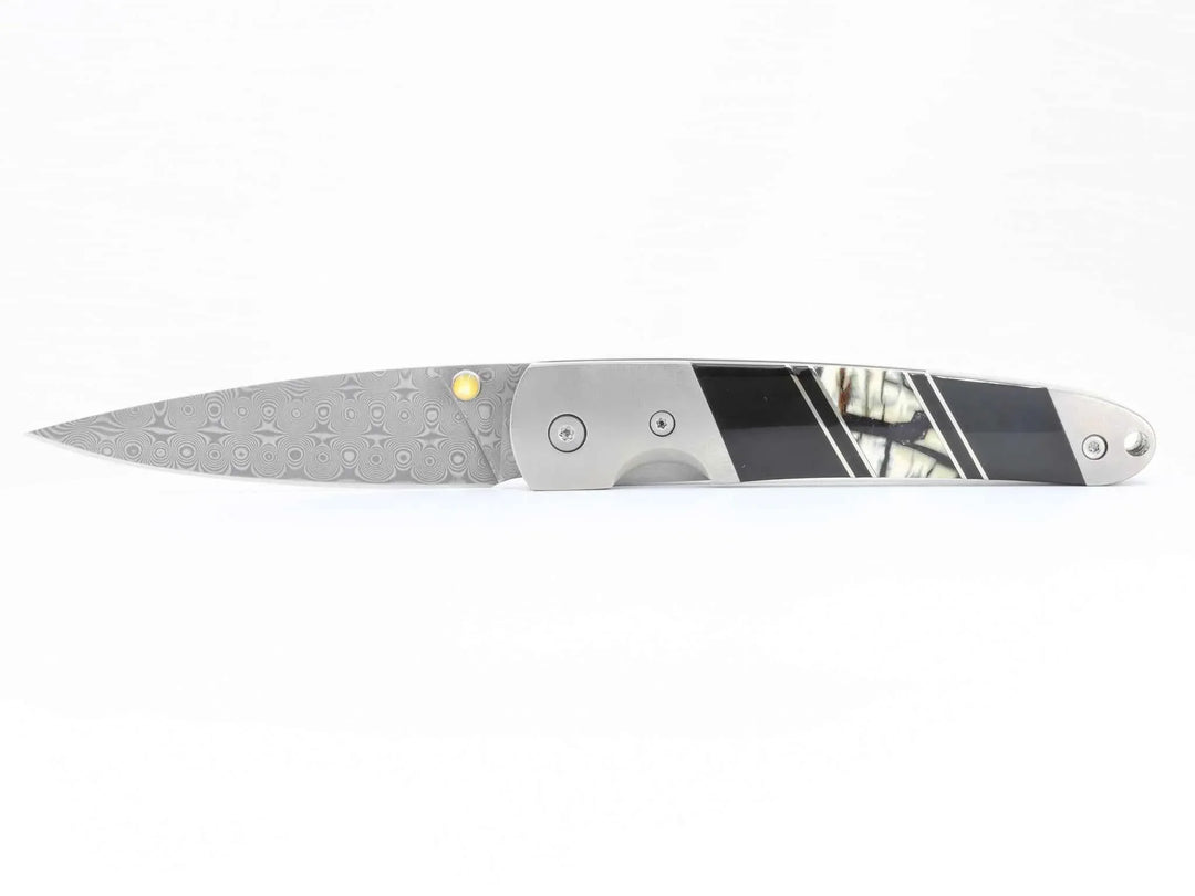 Damascus Steel Blade Liner Lock Pocket Clip Knife w/Mammoth Tusk and Jet Inlay -4" Closed - Kizer Cummings Jewelers